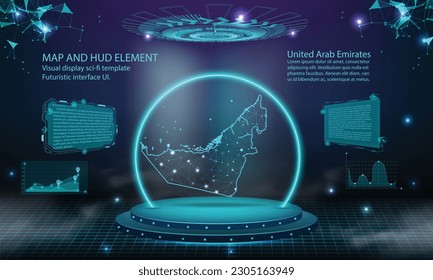 united Ara bEmirates map light connecting effect background. abstract digital technology UI, GUI, futuristic HUD Virtual Interface with UAE map. Stage futuristic podium in fog.