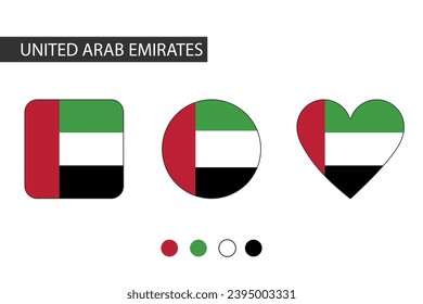 United Arab Emirates 3 shapes (square, circle, heart) with city flag. Isolated on white background.