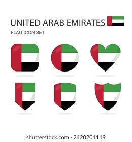 United Arab Emirates 3d flag icons of 6 shapes all isolated on white background.