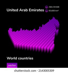 United Arab Emirates 3D map. Stylized isometric digital neon striped vector Map of United Arab Emirates is in violet and pink colors on black background