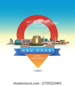 United Arab Emirates, Abu Dhabi city illustration design with a location pin concept. Suitable for posters, billboards and digital media.
