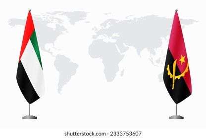 United Arab Emirates and Angola flags for official meeting against background of world map.