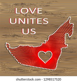 United arab emirates art vector map with heart. String art, yarn and pins on wooden board texture. Love unites us. Message of love.