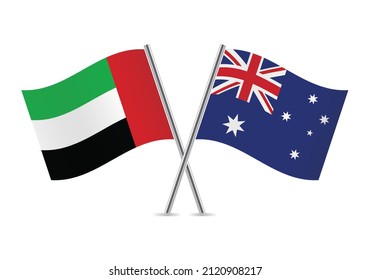 The United Arab Emirates and Australia crossed flags. UAE and Australian flags isolated on white background. Vector illustration.