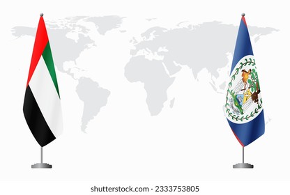 United Arab Emirates and Belize flags for official meeting against background of world map.