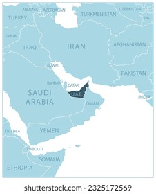 United Arab Emirates - blue map with neighboring countries and names. Vector illustration