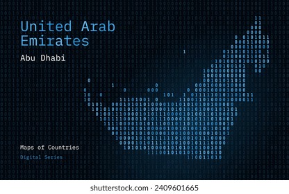 Mapa azul de los Emiratos Árabes Unidos mostrado en el modelo de código binario. TSMC. Números de matriz, cero, uno. Mapas de vectores de países mundiales. Serie digital