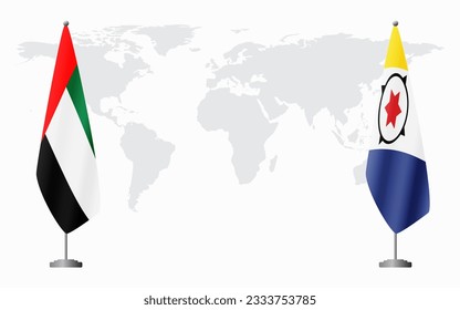 United Arab Emirates and Bonaire flags for official meeting against background of world map.