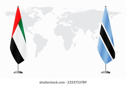 United Arab Emirates and Botswana flags for official meeting against background of world map.