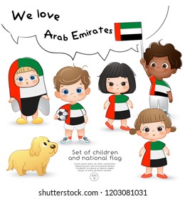 United Arab Emirates : Boys and girls holding flag and wearing shirts with national flag print : Vector Illustration