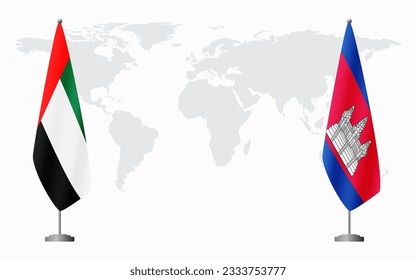 United Arab Emirates and Cambodia flags for official meeting against background of world map.