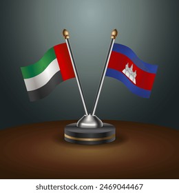 United Arab Emirates and Cambodia table flags relation with gradient backgrund. Vector Illustration