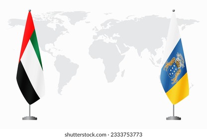 United Arab Emirates and Canary Islands flags for official meeting against background of world map.