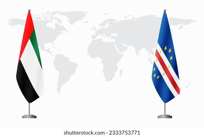 United Arab Emirates and Cape Verde flags for official meeting against background of world map.