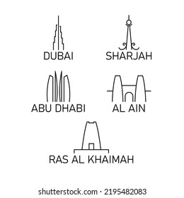 United Arab Emirates cities minimalistic logos, Dubai, Sharjah, Abu Dhabi, Al Ain, Ras Al Khaimah