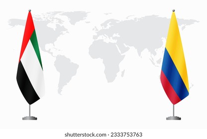 United Arab Emirates and Colombia flags for official meeting against background of world map.