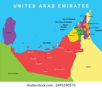 Farbkarte Vereinigte Arabische Emirate, Vektorgrafik der VAE, Farbkarte der VAE, 7 Emirate, Vektorgrafik, Umrissfarbkarte, Dubai, Abu dhabi, Ajman, Al ain, Sharjah, Fujairah, Stadtplan Ras-al-khaimah