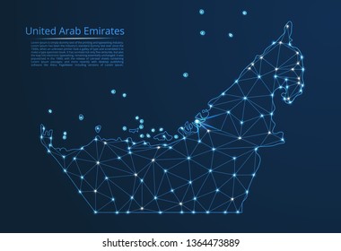 United Arab Emirates communication network map. Vector low poly image of a global map with lights in the form of cities in or population density consisting of points and shapes in the form of stars.