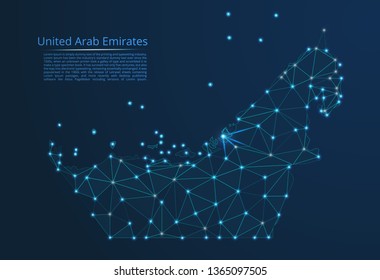 United Arab Emirates communication network map. Vector low poly image of a global map with lights in the form of cities in or population density consisting of points and shapes in the form of stars.
