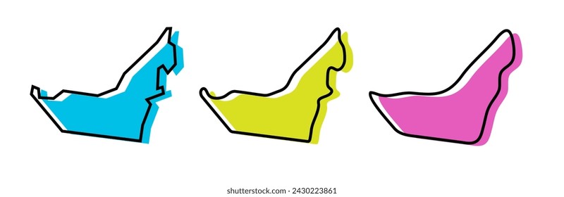 United Arab Emirates country black outline and colored country silhouettes in three different levels of smoothness. Simplified maps. Vector icons isolated on white background.