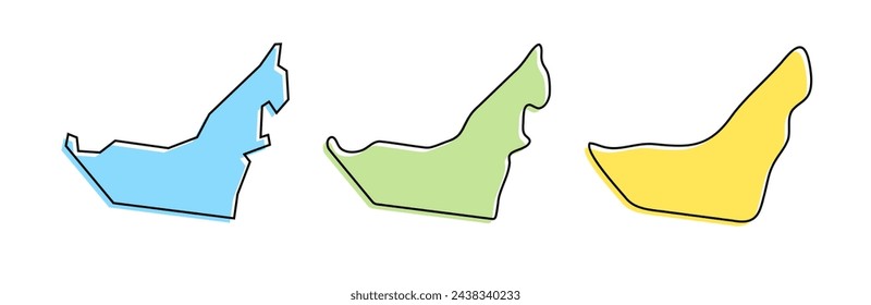 Contorno negro del país de los Emiratos Árabes Unidos y siluetas de país de colores en tres niveles diferentes de suavidad. Mapas simplificados. Iconos vectoriales aislados sobre fondo blanco.