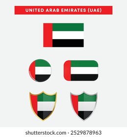 United Arab Emirates country flag, UAE country flag button, and shield vector design