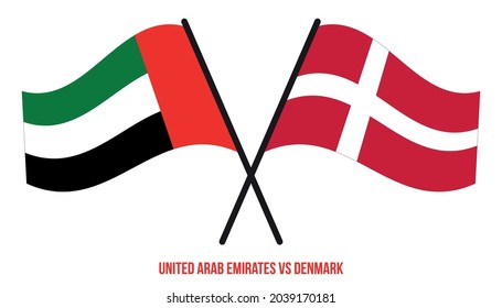 Banderas de los Emiratos Árabes Unidos y Dinamarca Cruzadas y ondeadas de estilo plano. Proporción oficial.