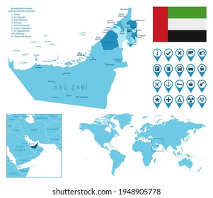 United Arab Emirates detailed administrative blue map with country flag and location on the world map.