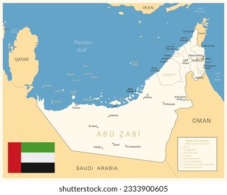 United Arab Emirates - detailed map with administrative divisions and country flag. Vector illustration