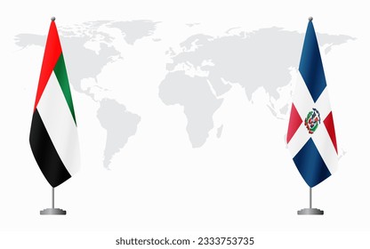 United Arab Emirates and Dominican flags for official meeting against background of world map.