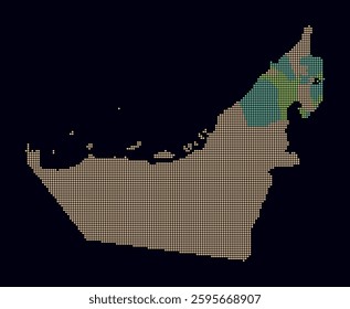 United Arab Emirates dotted map. Digital style map of the country on dark background. United Arab Emirates shape with circle dots. Colored dots style. Small size circles. Awesome vector illustration.