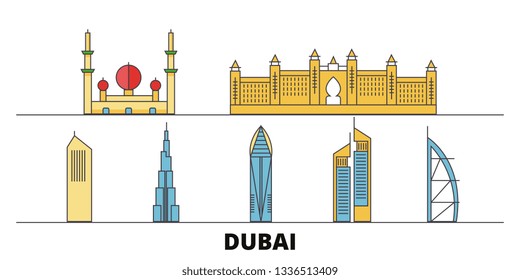 United Arab Emirates, Dubai City flat landmarks vector illustration. United Arab Emirates, Dubai City line city with famous travel sights, skyline, design. 