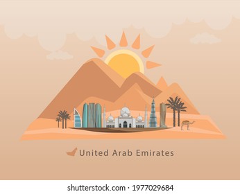 United arab emirates Dubai city skyline with world famous landmarks and desert concept vector illustration design. UAE.