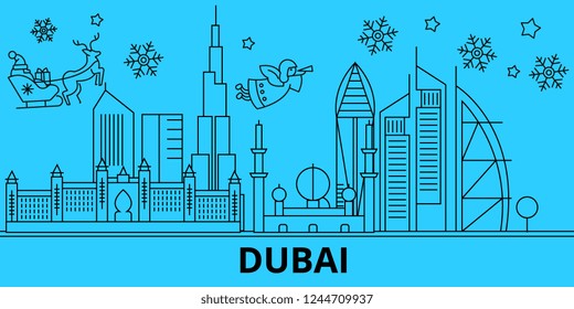 United Arab Emirates, Dubai winter holidays skyline. Merry Christmas, Happy New Year decorated banner with Santa Claus.United Arab Emirates, Dubai linear christmas city vector flat illustration