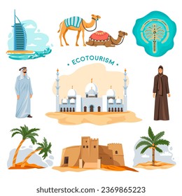 United Arab Emirates ecotourism and traveling. Architecture and citizens wearing traditional clothes. Skyscrapers and camel, islands and palms with coconuts, nature and city. Vector in flat style