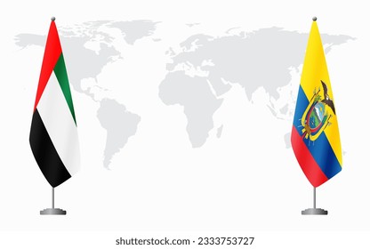 United Arab Emirates and Ecuador flags for official meeting against background of world map.