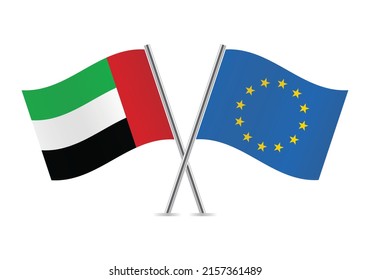 The United Arab Emirates and European Union crossed flags. UAE and EU flags on white background. Vector icon set. Vector illustration.