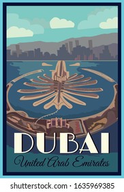 United Arab Emirates famous landmark. Dubai, Atlantis hotels, Jumeirah palm, modern architecture, luxury beach resort, summer vacation and tourism concept art, retro poster. Vector illustration.