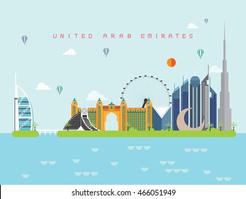 Los Emiratos Árabes Unidos pueden utilizar las Famosas Plantillas Infográficas para Viajar Estilo Mínimo e Icono, Símbolo e Ilustración Vectorial para Poster Travel book, Postcard, Billboard.