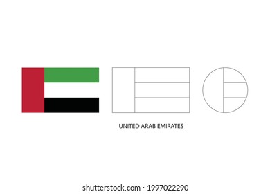 Versiones de la bandera de los Emiratos Árabes Unidos 3, Ilustración vectorial, Línea delgada negra de rectángulo y el círculo sobre fondo blanco.