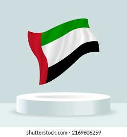 United Arab Emirates flag. 3d rendering of the flag displayed on the stand. Waving flag in modern pastel colors. Flag drawing, shading and color on separate layers, neatly in groups for easy editing.