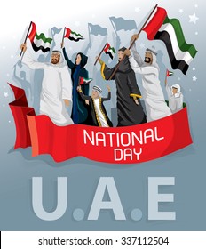 United Arab Emirates Flag, Characters holding flags (Vector Art)