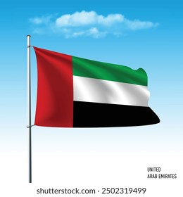 United Arab Emirates flag flying on blue sky, vector illustation.