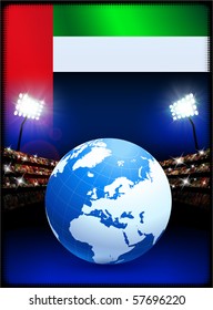 Bandera de los Emiratos Árabes Unidos con glóbulo en el fondo del estadio Ilustración original