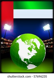 Bandera de los Emiratos Árabes Unidos con glóbulo en el fondo del estadio Ilustración original