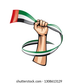 United Arab Emirates flag and hand on white background. Vector illustration