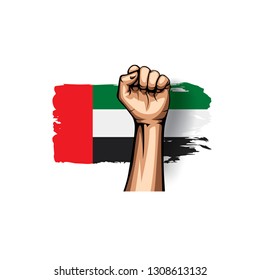 United Arab Emirates flag and hand on white background. Vector illustration