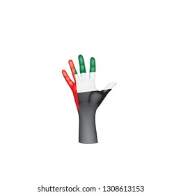 United Arab Emirates flag and hand on white background. Vector illustration