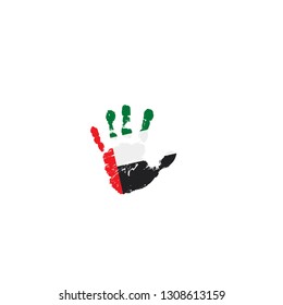 United Arab Emirates flag and hand on white background. Vector illustration