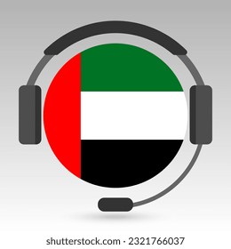 United Arab Emirates flag with headphones, support sign. Vector illustration.
